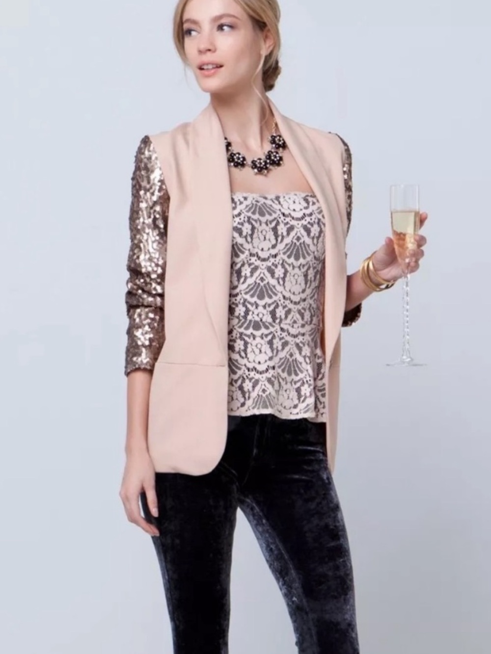 Women's Sz.2 - Elevenses Anthropologie - Cream Sequin Sleeve Blazer - NWOT